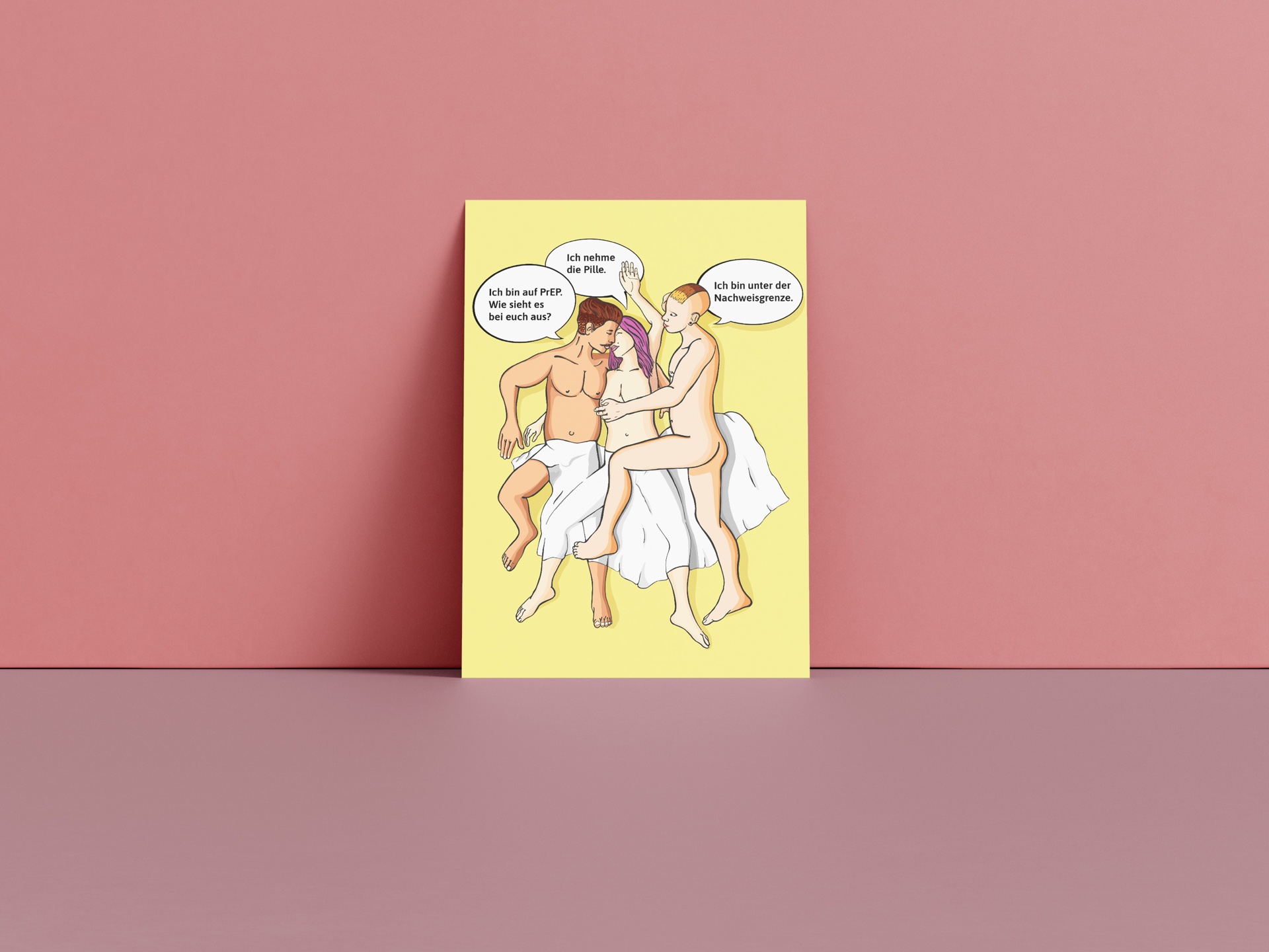 Print-Mockup einer Illustration mit drei Personen und Sprechblasen zu ihren Schutzstrategien