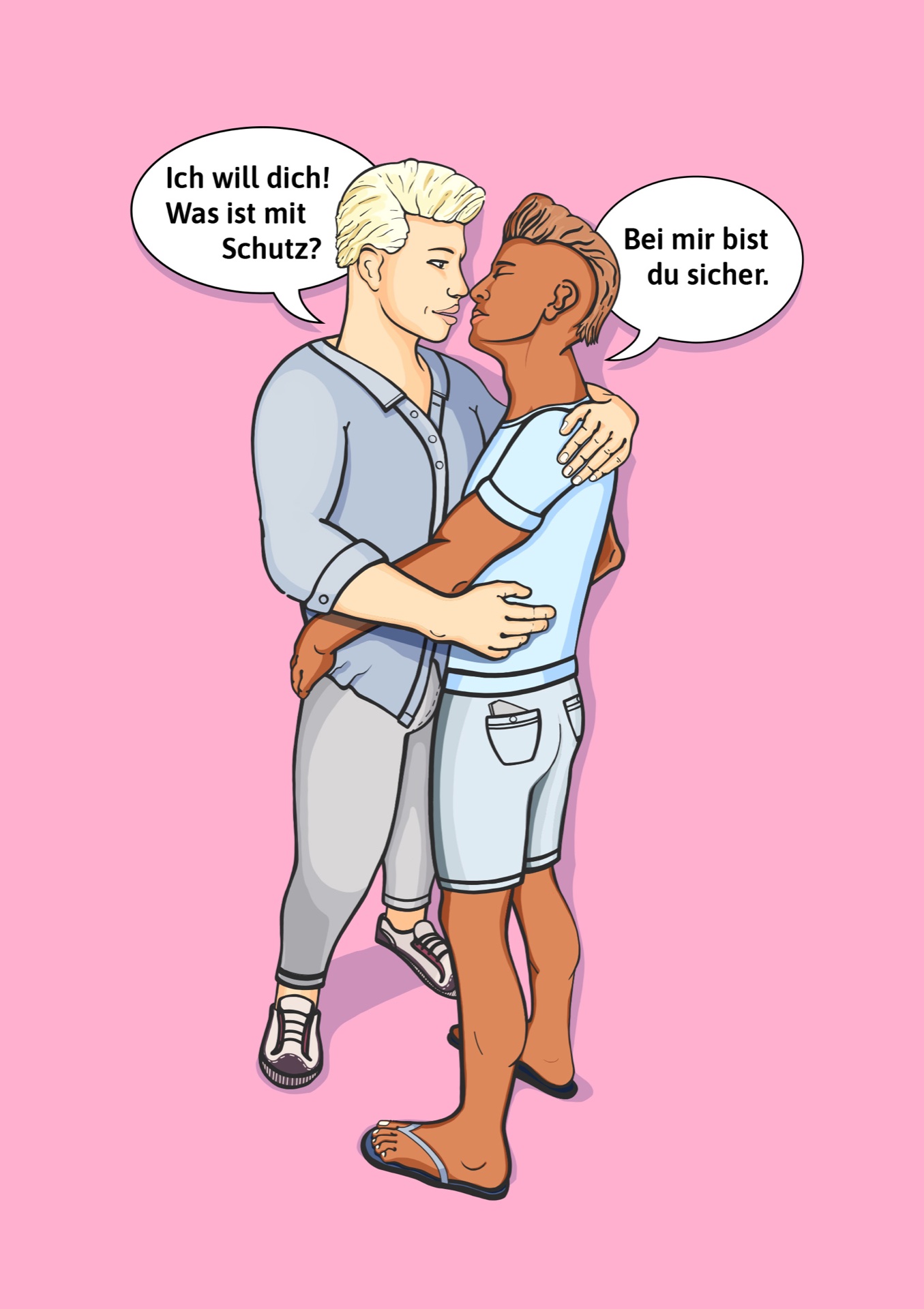 Kampagnenillustration eines sich umarmenden Paares mit Sprechblasen auf rosa Hintergrund