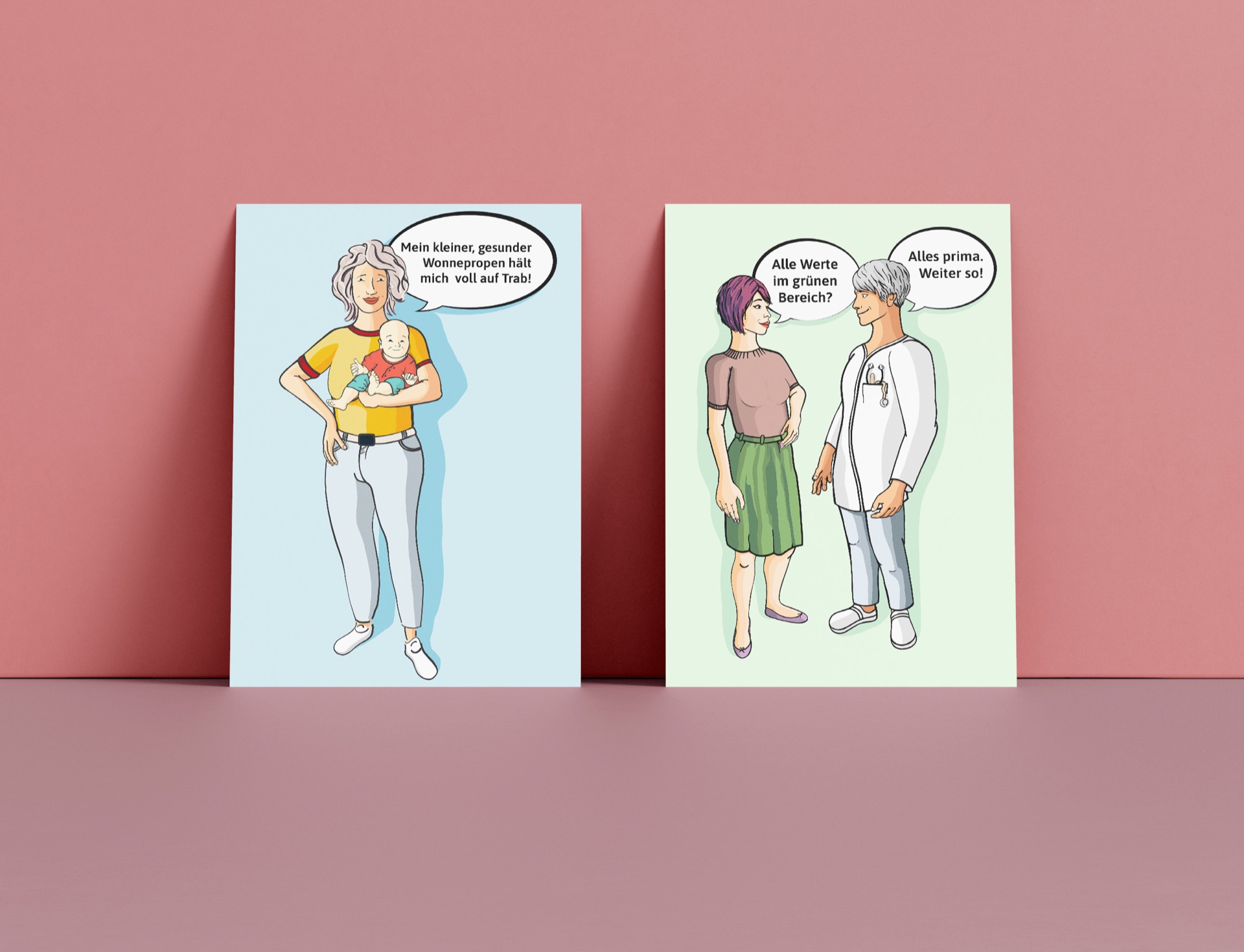 Mockup zweier Kampagnenmotive: eine Person mit Baby und ein Gespräch in der Arztpraxis