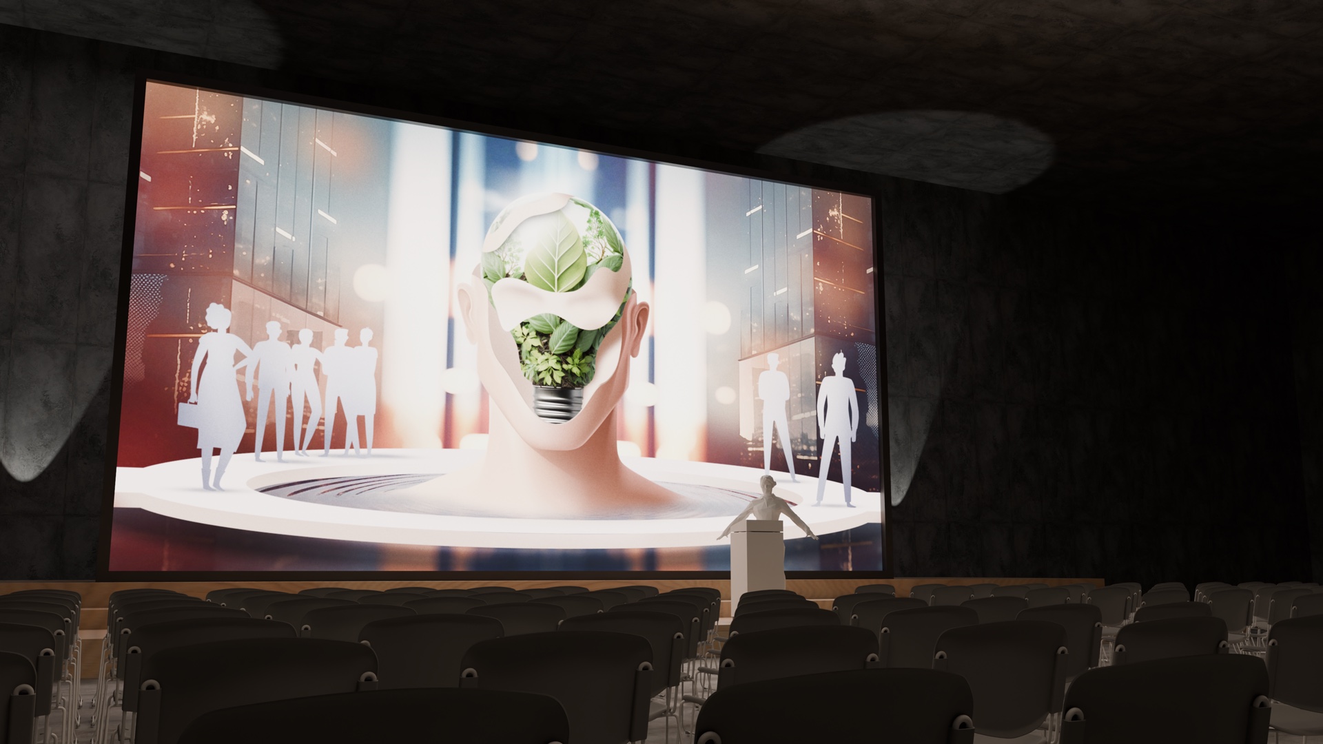 Bühnenrendering mit einem BOREALIS Bildmotiv auf großer Leinwand, Rednerpult und Sitzreihen