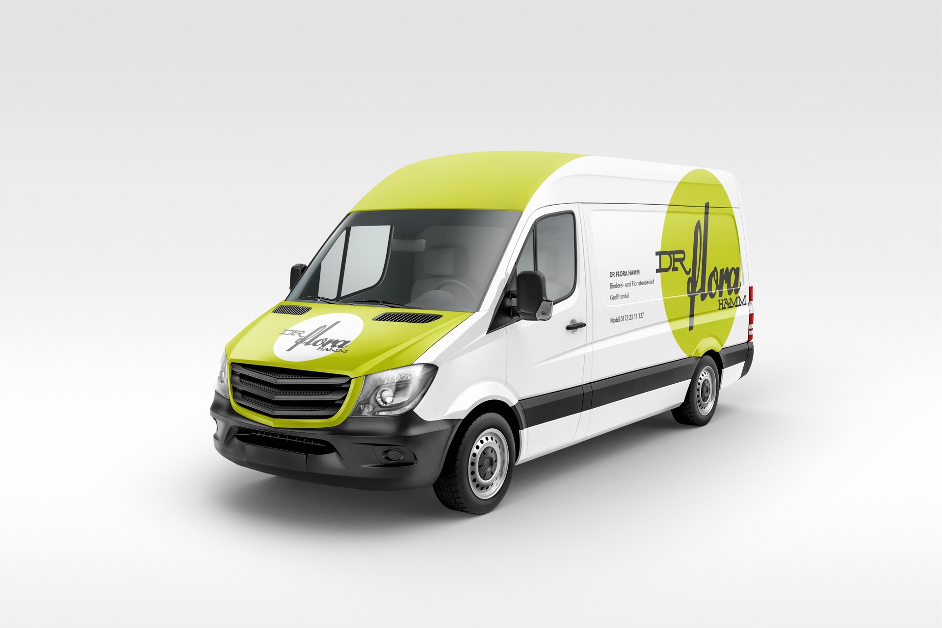 Mockup eines DR FLORA HAMM Transporters mit schwarzem Schriftlogo und gelbgrünen Kreisflächen