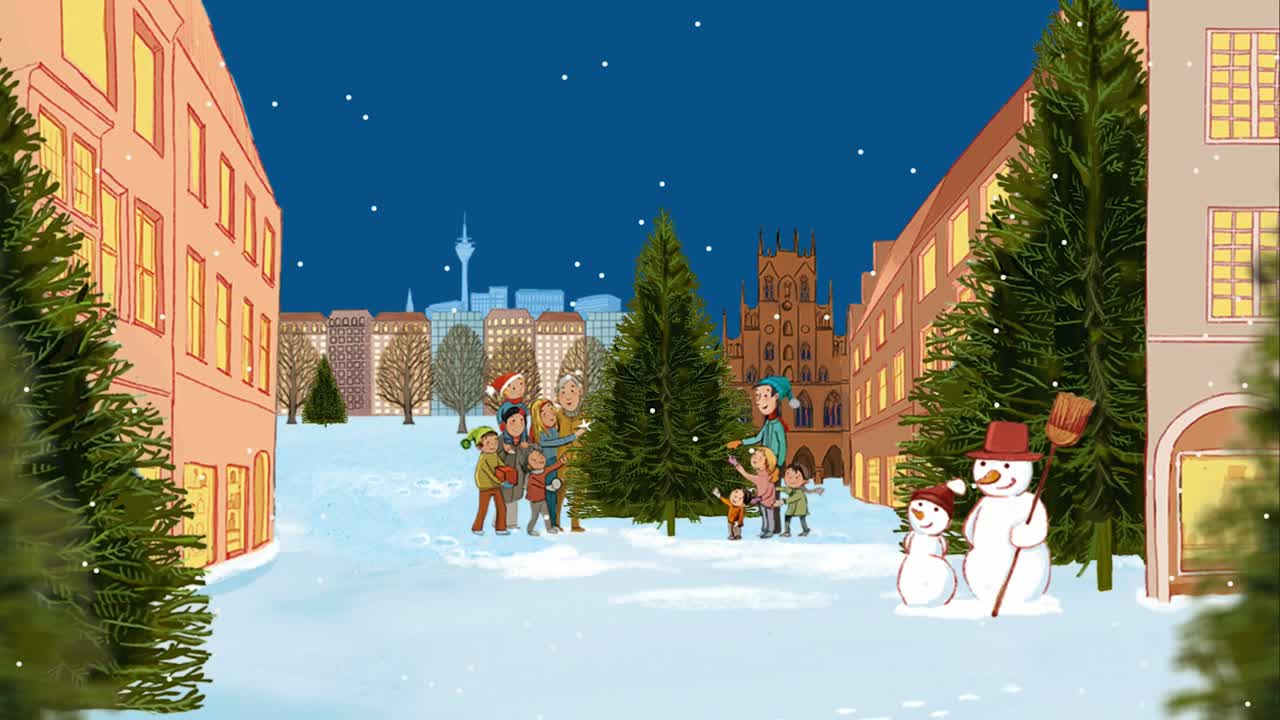 Illustrationsmotiv der NRW.BANK Weihnachtskarte 2021 mit Menschen, Weihnachtsbäumen und Schneemännern in einer winterlichen Stadt