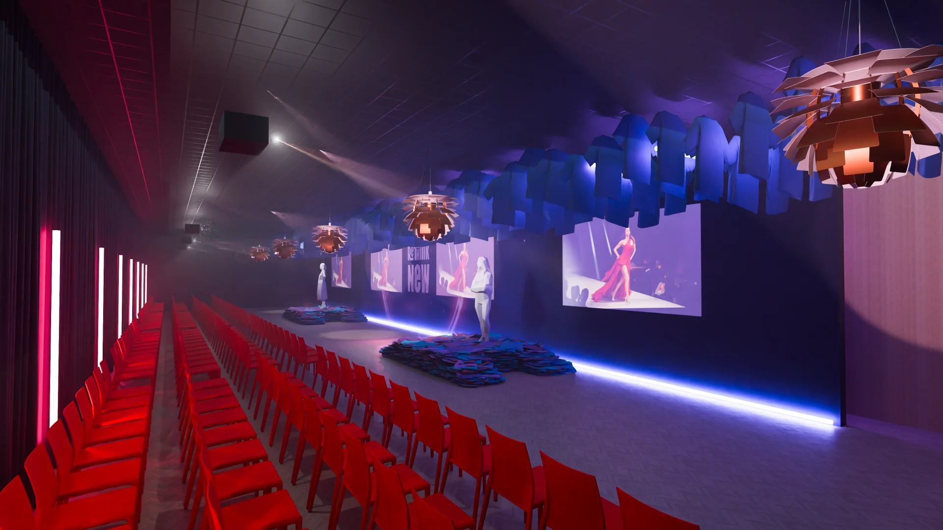 3D-Visualisierung der Perwoll Fashion Show mit roten Stühlen, abgehängten Kleidungsstücken und beleuchteter Bühne