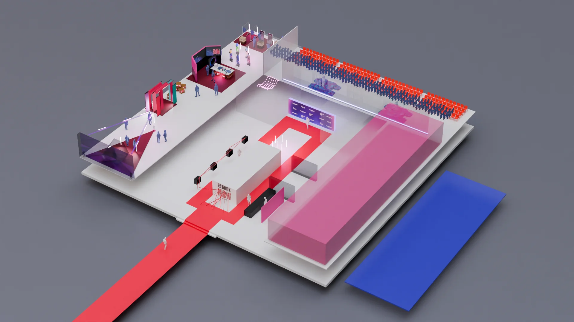 3D-Raumübersicht der Perwoll Eventlocation mit zwei Ebenen, Erlebnisstationen und Fashion-Show-Bereich