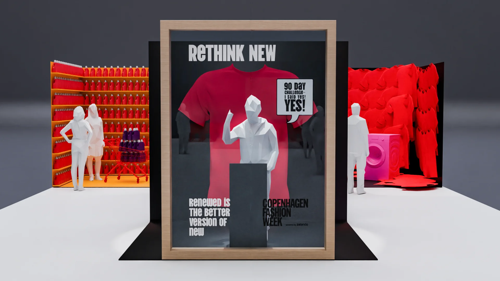 3D-Visualisierung der Perwoll Foto-Spots mit übergroßem T-Shirt, Produktregal und roter Kleiderinstallation